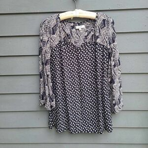 Umgee Black Tan Cotton Blend Paisley Bird Print Top Small